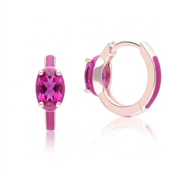 Azure Arc Oval-Cut Enamel Huggie Earrings (Fuchsia Edition)
