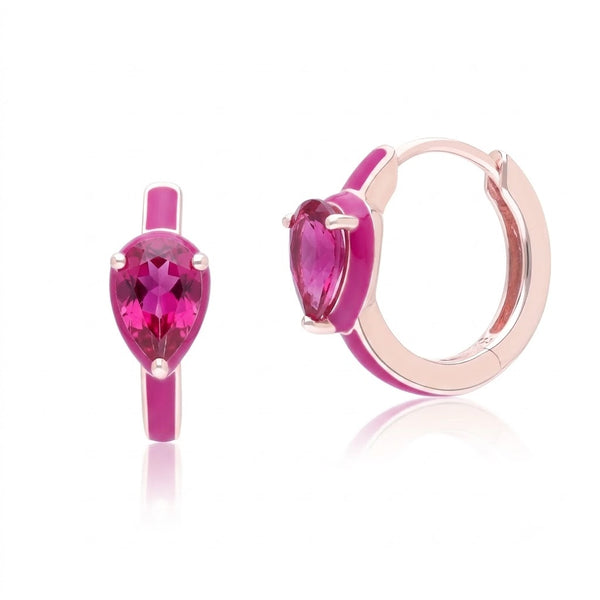 Azure Arc Pear-Cut Enamel Huggie Earrings (Fuchsia Edition)