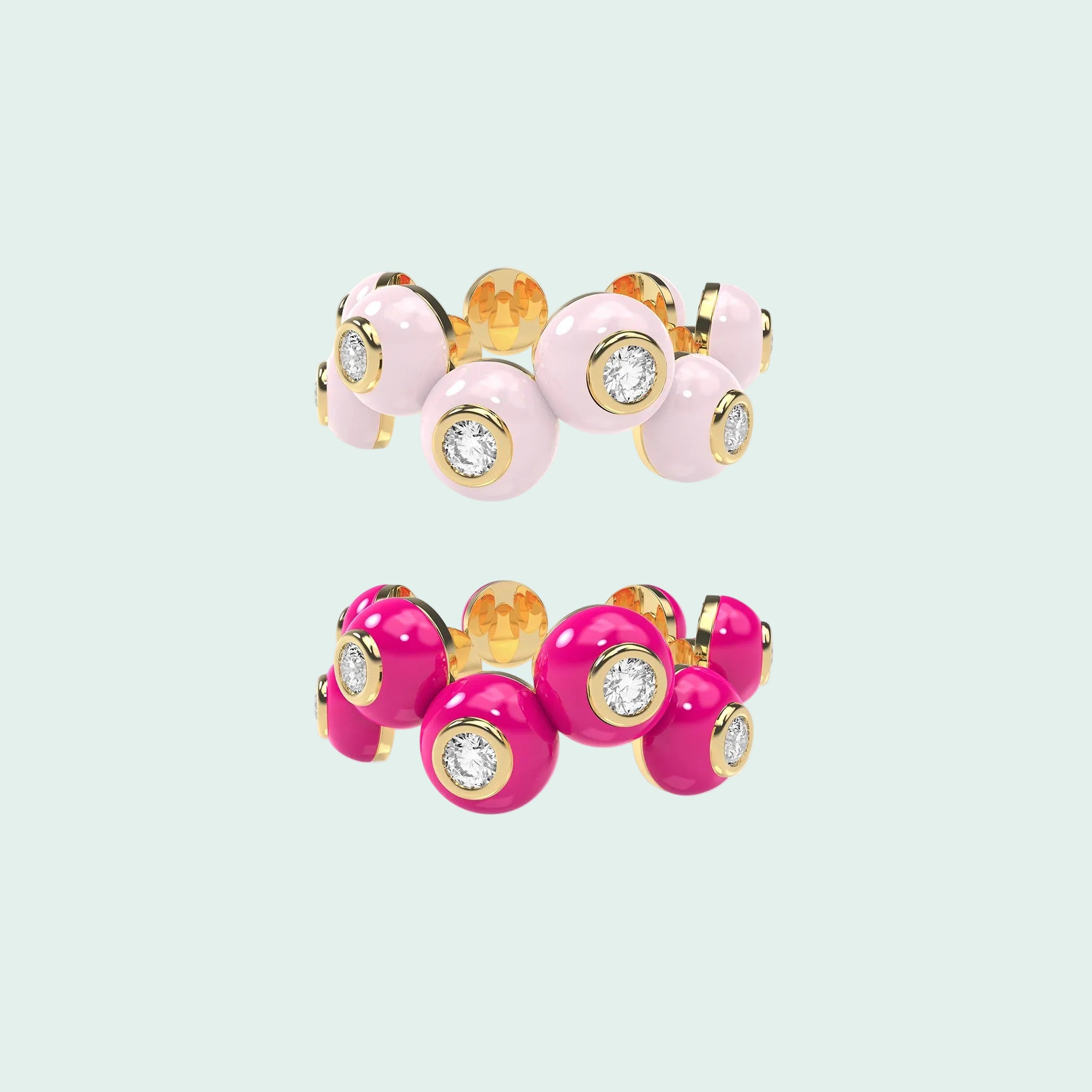 Set of colorful gemstone rings on a white background