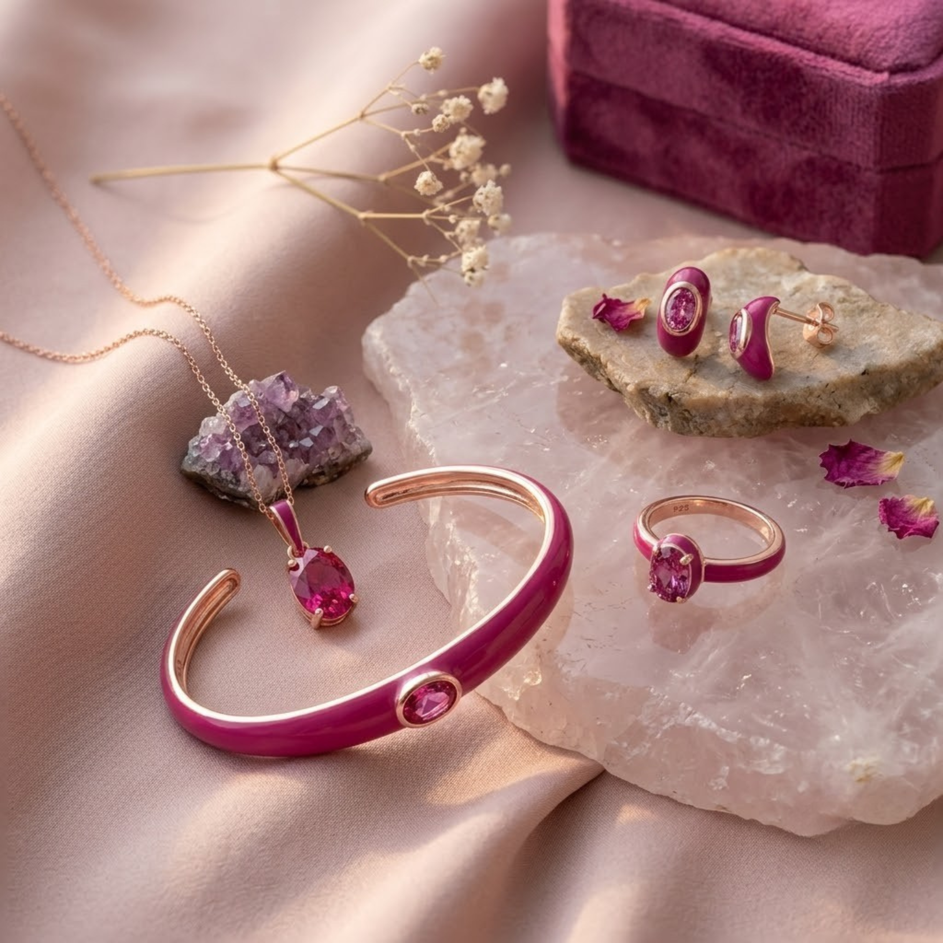 Azure Arc Oval-Cut Complete Jewelry Set (Fuchsia Edition)