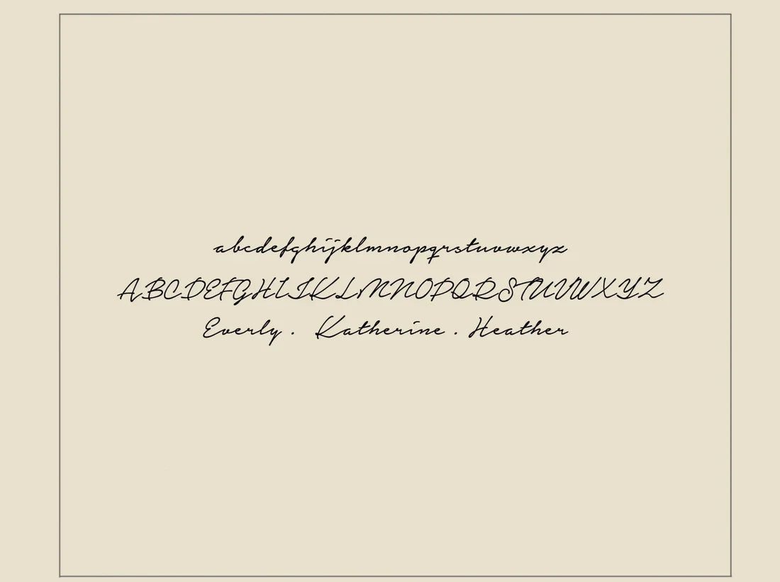 Calligraphy alphabet and names on a beige background