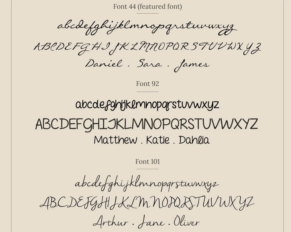 Three different fonts displayed on a beige background with sample names.