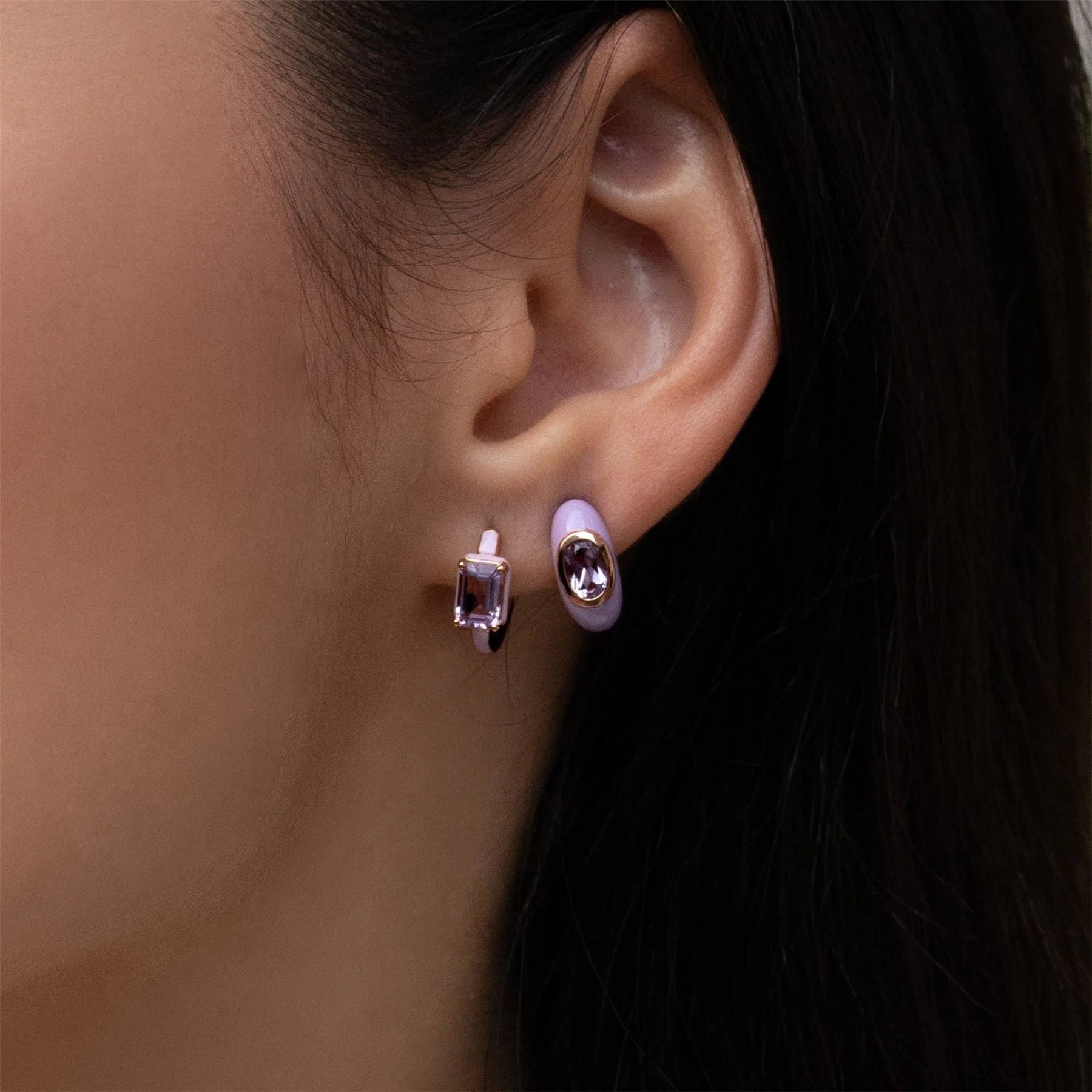 Azure Arc Emerald-Cut Enamel Huggie Earrings (Mint Green Edition)