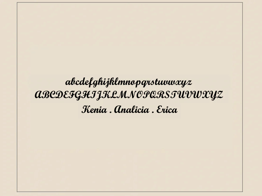 Display of a decorative font with letters and names on a beige background