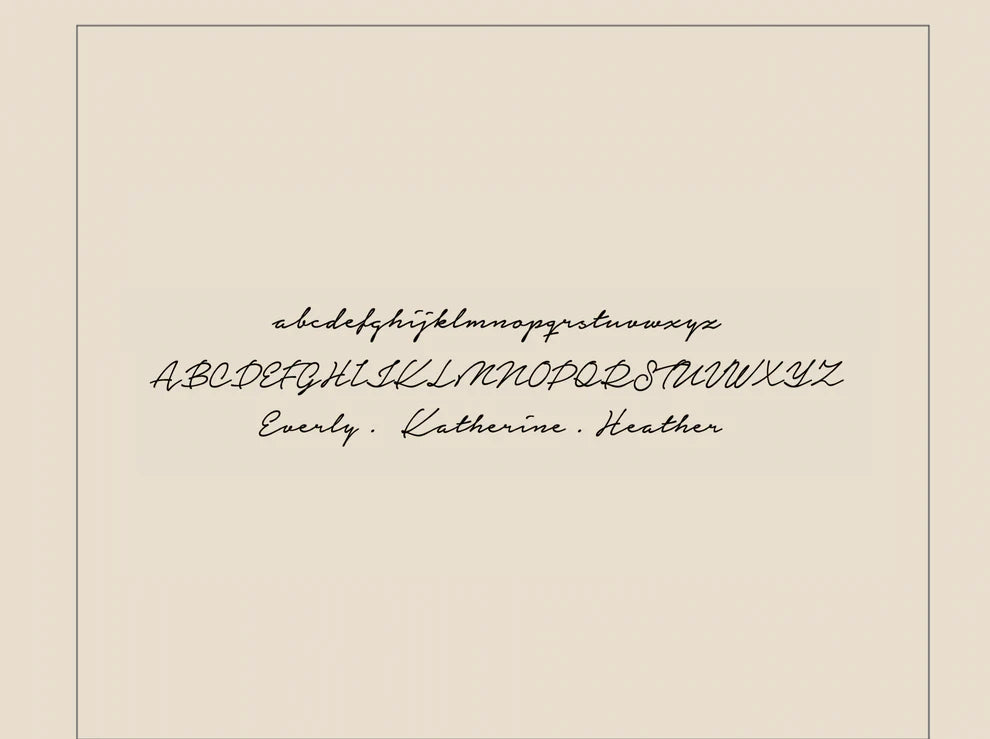 Calligraphy alphabet and names on a beige background