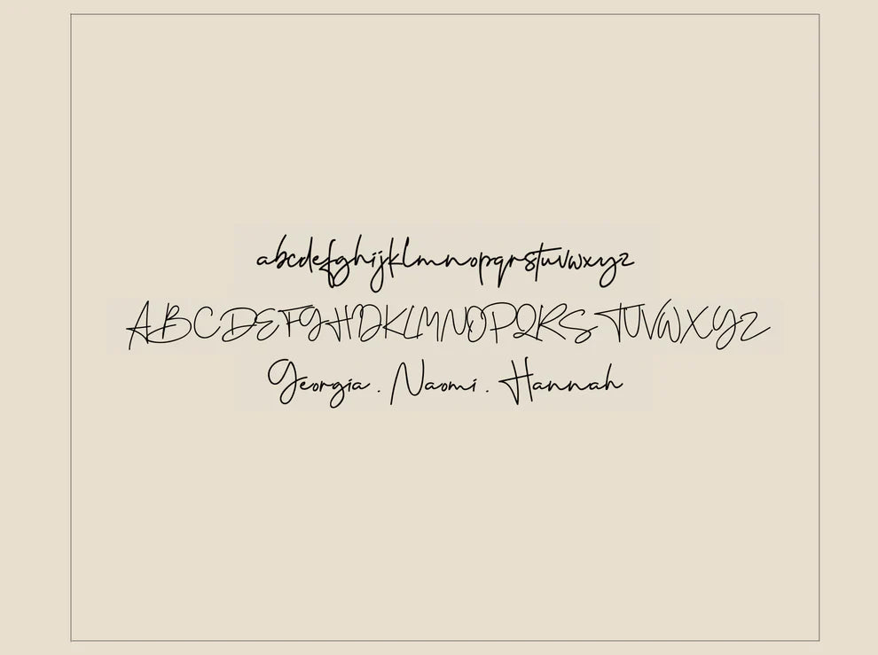 Calligraphy alphabet and names on a beige background
