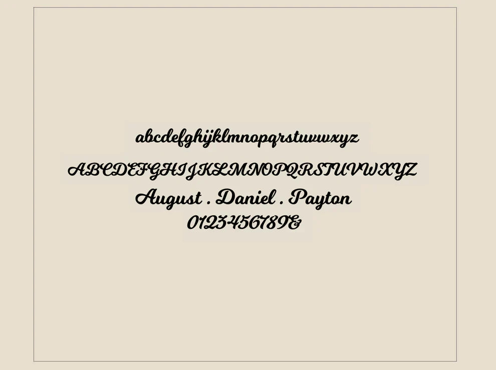 Display of a decorative font with letters, names, and numbers on a beige background